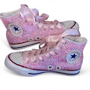 Luminous Pink & Crystal High Top Converse Sizes 5-14 New In Box With Ribbon Lace